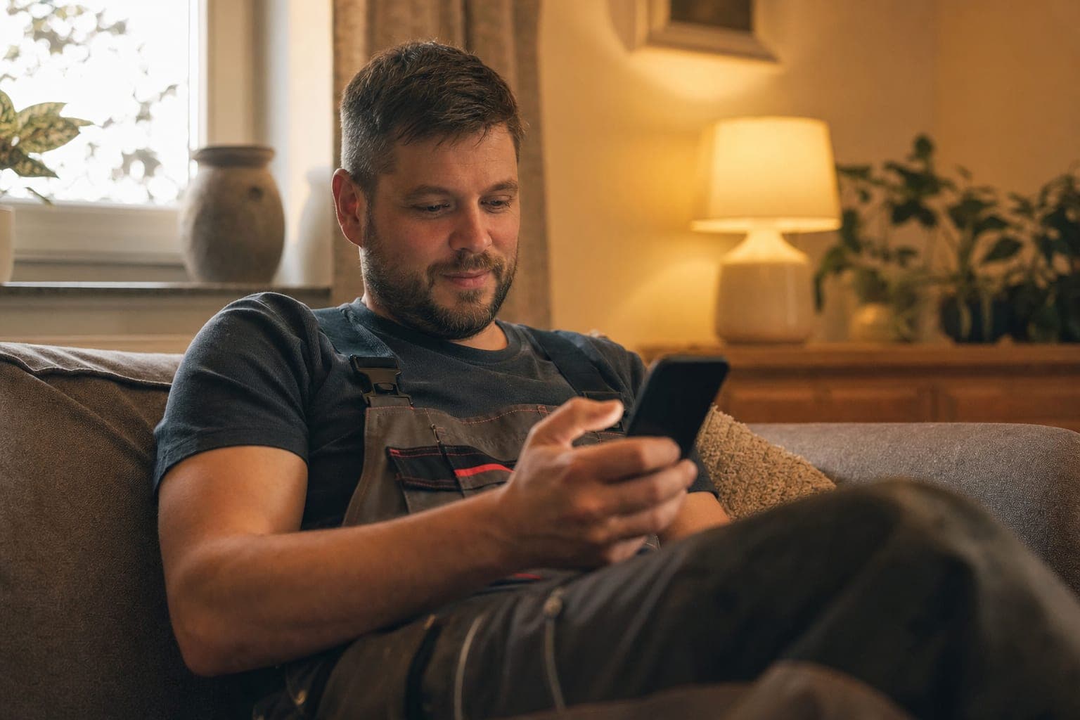 Fachkraft zuhause auf dem Sofa mit dem Telefon in der Hand